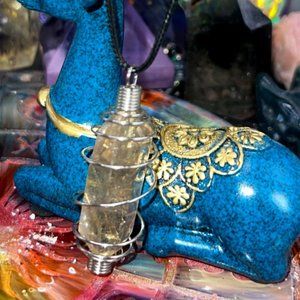 Rutilated quartz large stainless steel cage necklace handmade 20 in